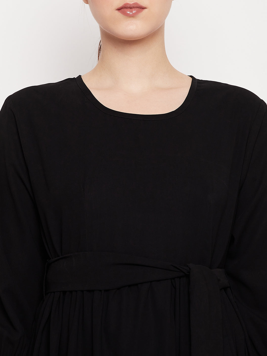 Nabia Women Black Frill Nida Matte Fabric Abaya Burqa With Black Georgette Scarf