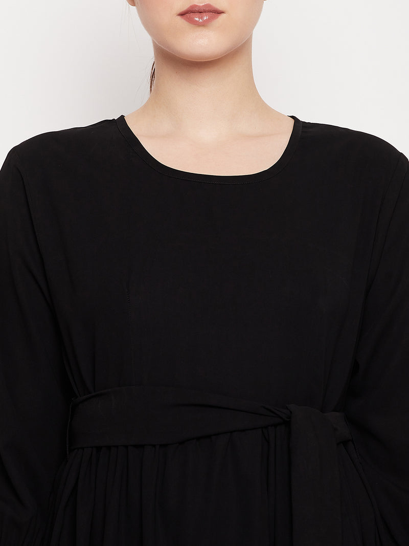 Nabia Women Black Frill Nida Matte Fabric Abaya Burqa With Black Georgette Scarf