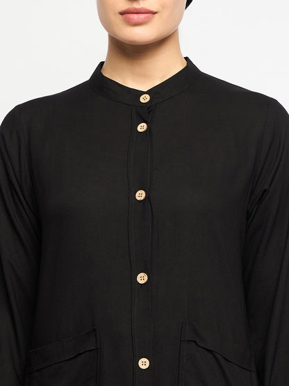 Black Rayon Front Open Abaya with Georgette Scarf