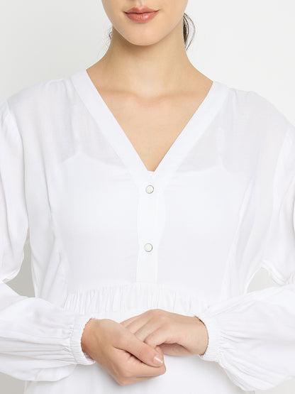 White Rayon V-Neck Solid Abaya with Black Hijab