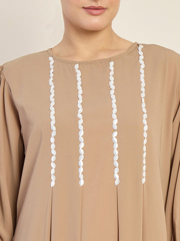 Nabia Beige Solid Luxury Handworked Abaya Burqa for Women with Black Georgette Hijab