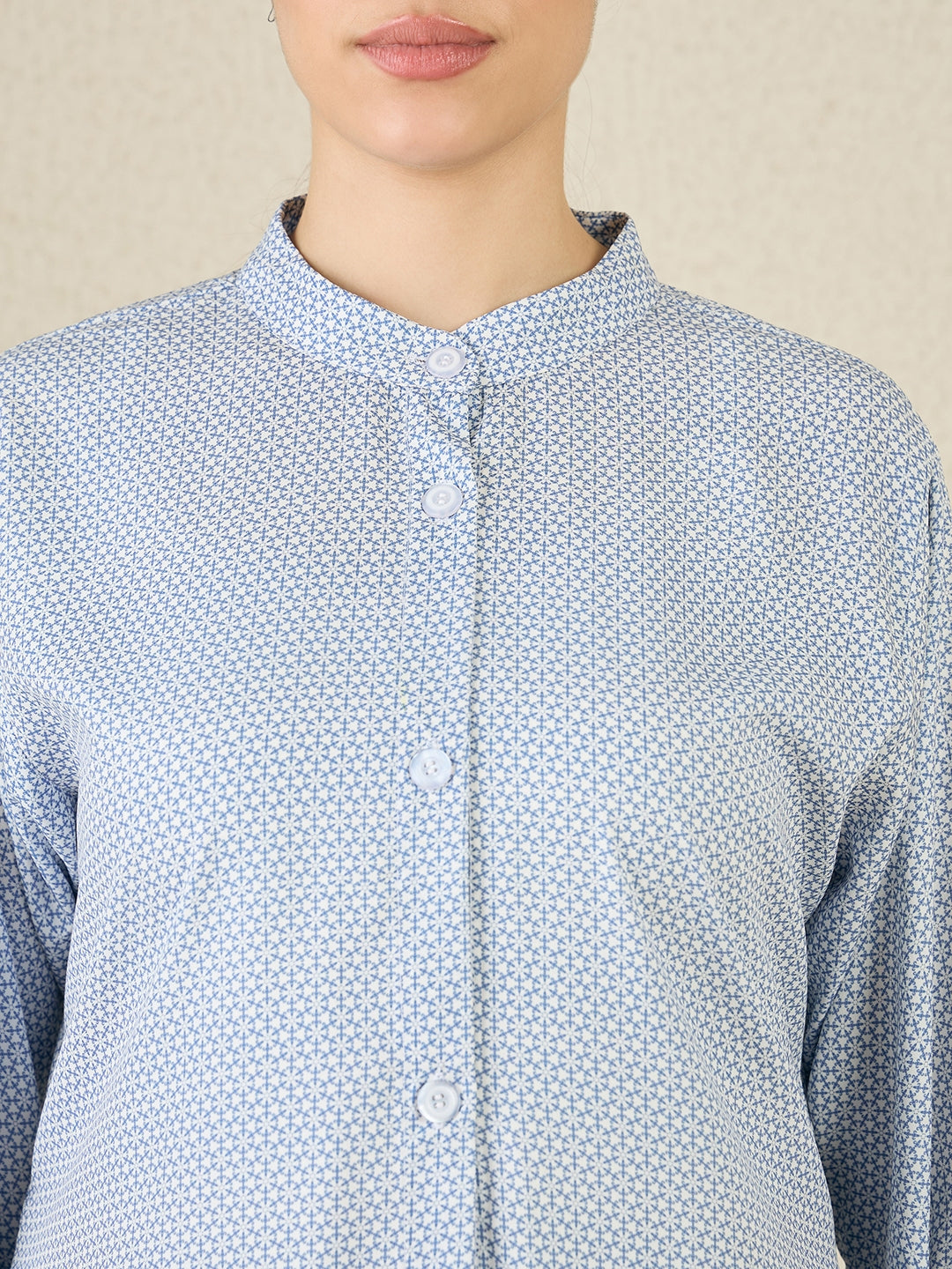 Front Open Blue Printed Abaya with Black Georgette Scarf