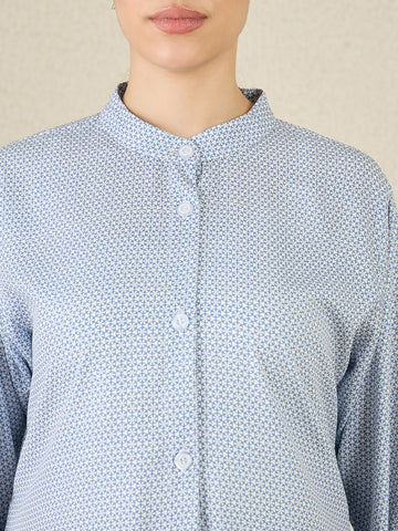 Front Open Blue Printed Abaya with Black Georgette Scarf