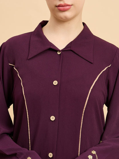 Modest Luxury Front Open Purple Abaya with Beige Hijab for Women