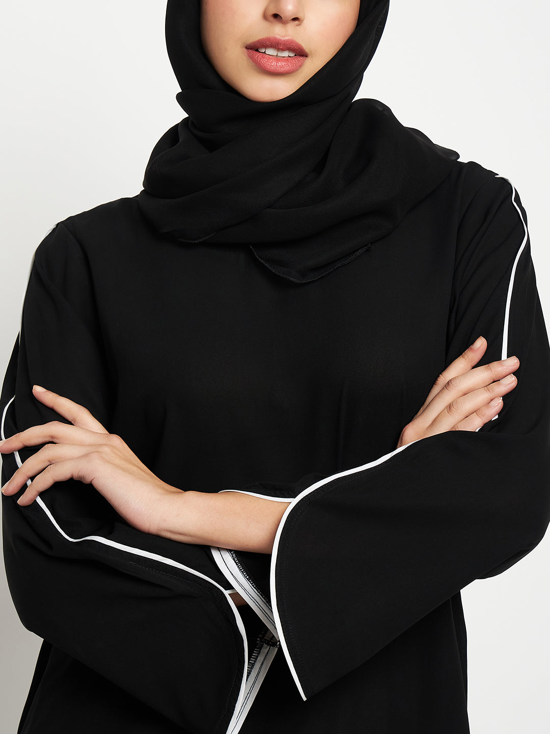 Black Solid White Piping Design A-line Abaya with Black Scarf