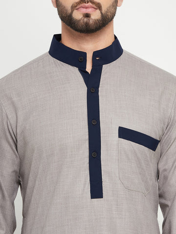 Nabia Grey Solid Band Collar Thobe / Jubba For Men with Blue Piping Design