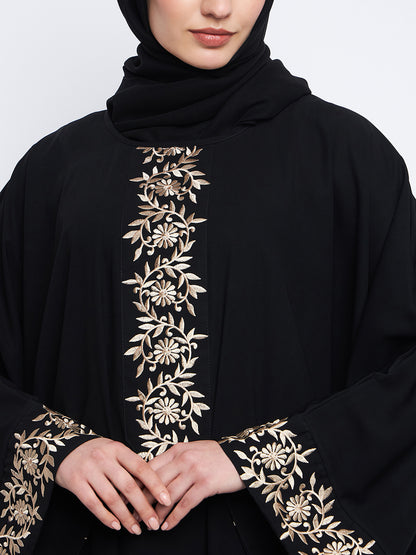 Nabia Embroidery Free Size Black Abaya with Black Scarf