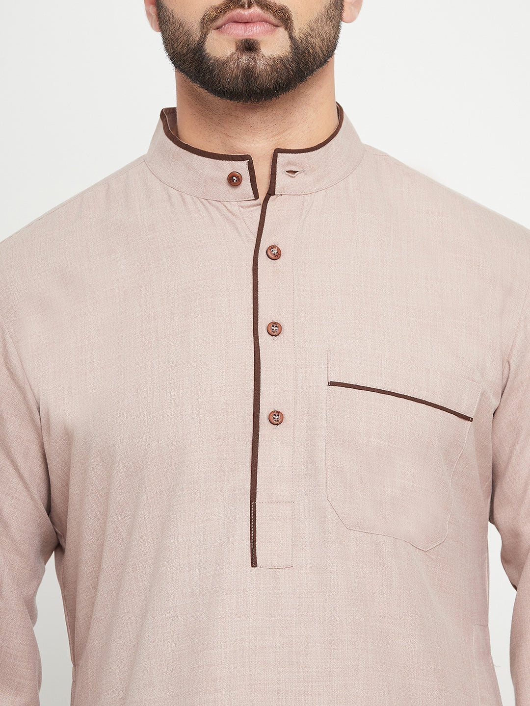 Nabia Beige Solid Mens Band Collar Thobe / Jubba with Brown Piping Design