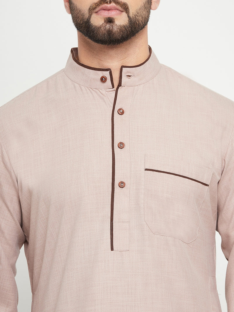 Nabia Beige Solid Mens Band Collar Thobe / Jubba with Brown Piping Design