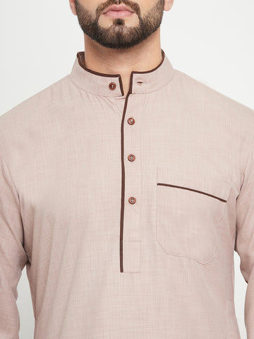 Nabia Beige Solid Mens Band Collar Thobe / Jubba with Brown Piping Design