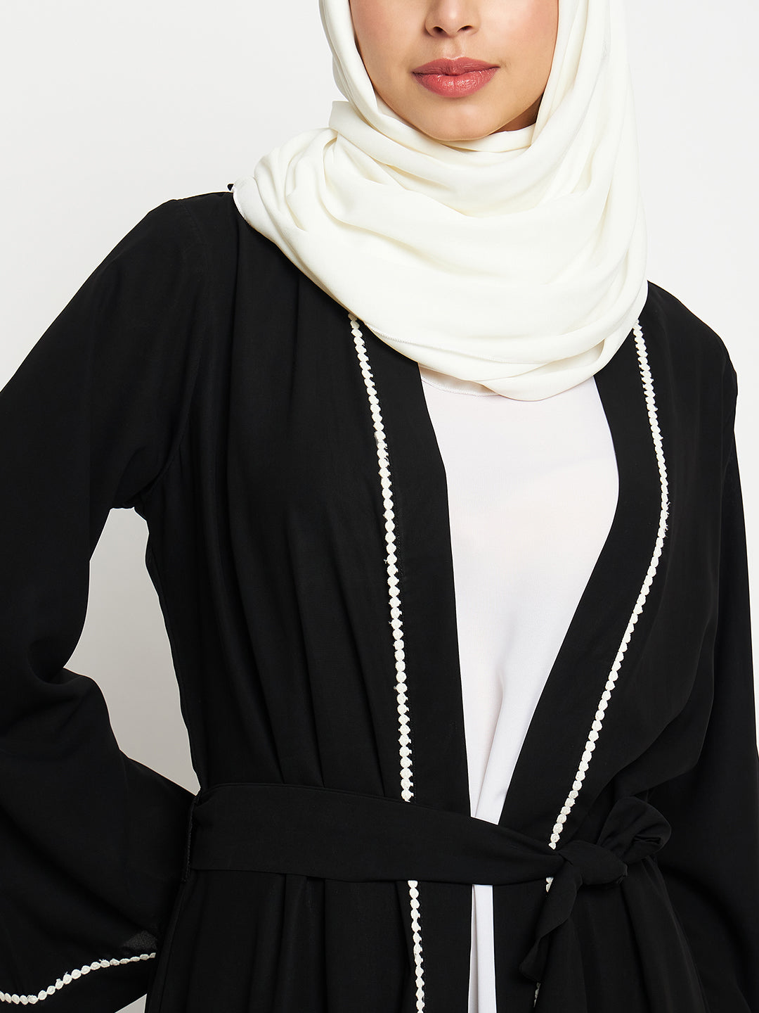 2 Piece Front Open Solid Lace Shrug Set Abaya with Black Georgette Scarf