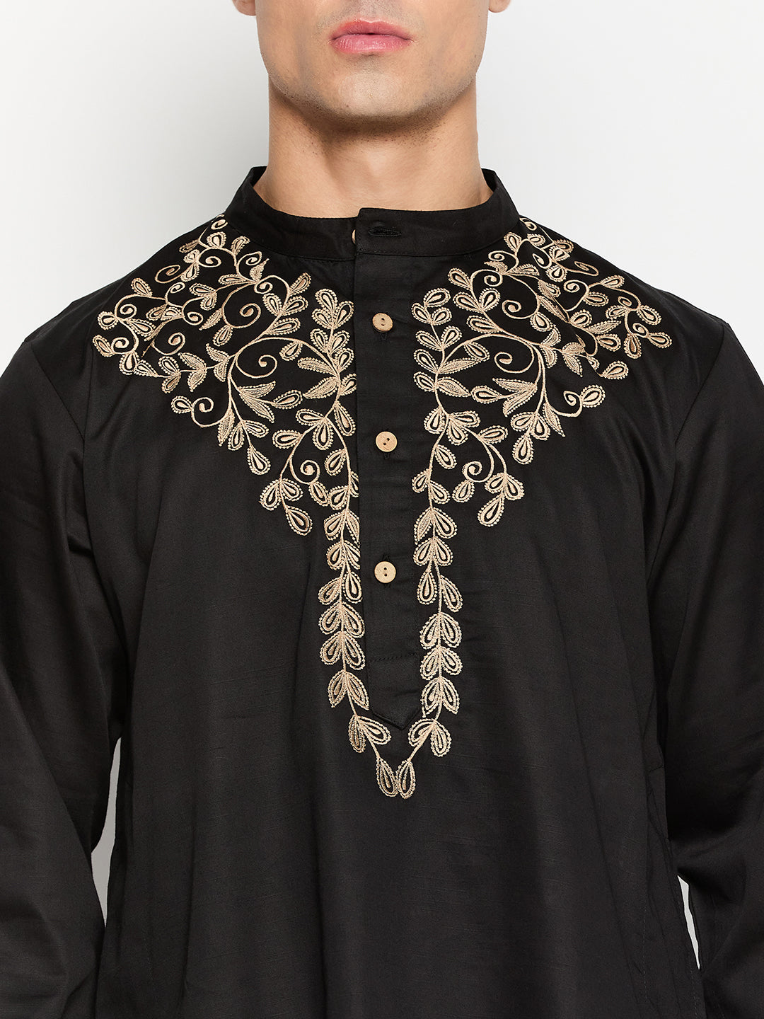 Black Men's Kurta Pajama Set with Embroidery Details