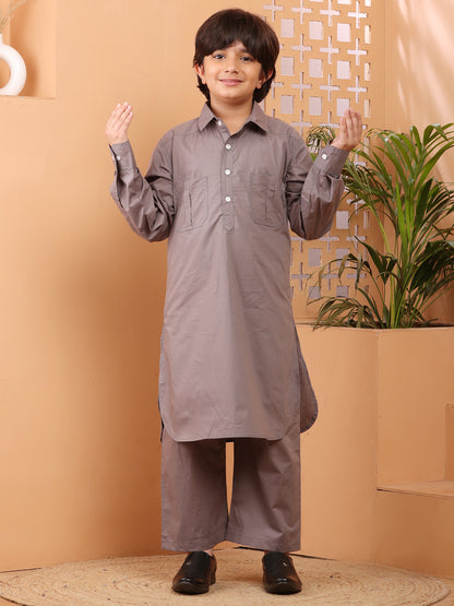 Nabia Grey solid Kids Boys Pathani Kurta Pajama Set