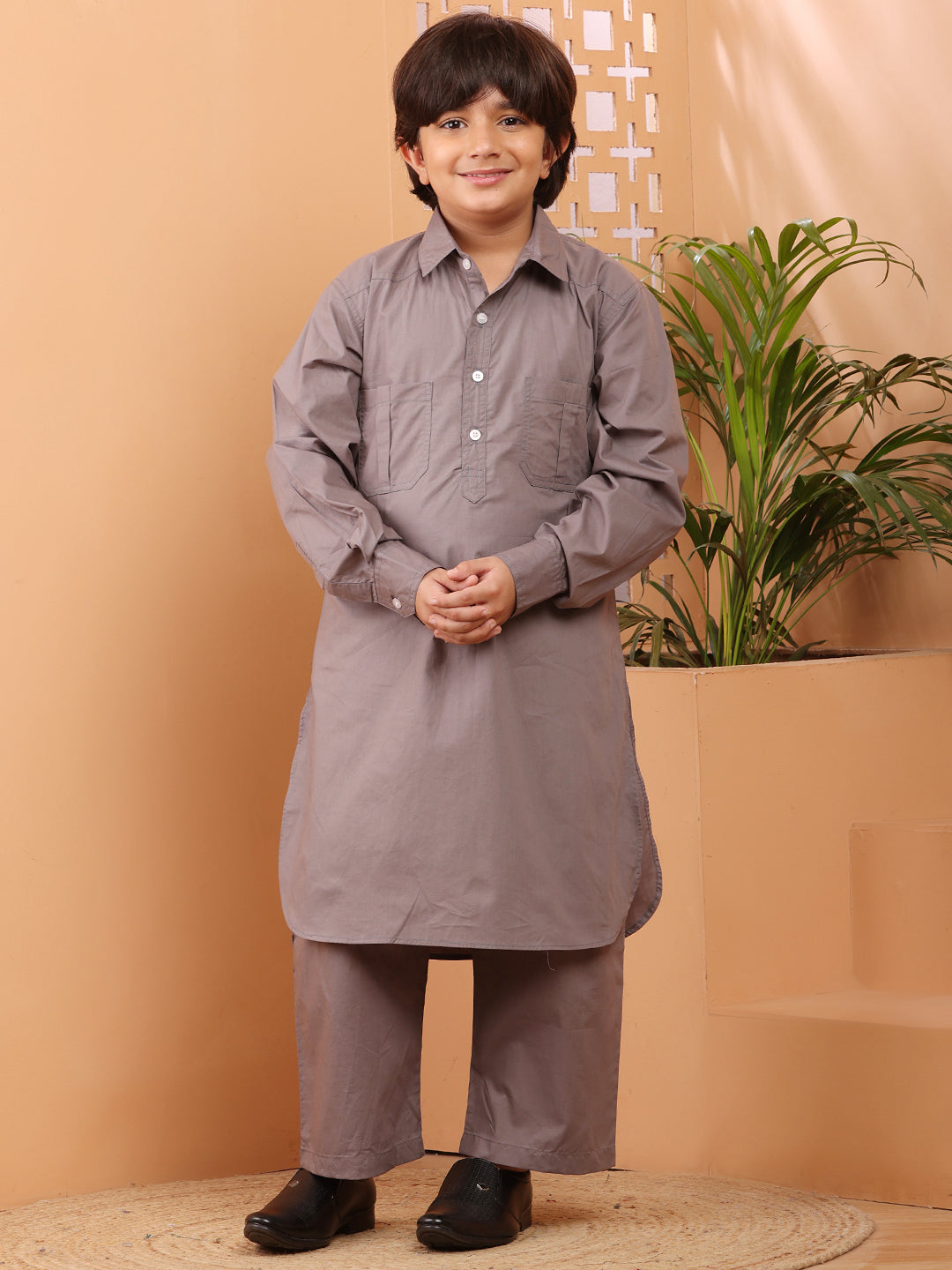 Nabia Grey solid Kids Boys Pathani Kurta Pajama Set