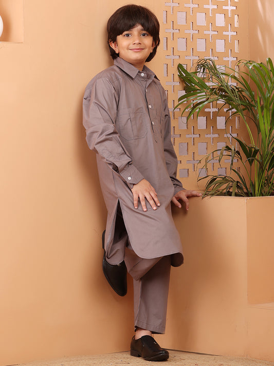 Nabia Grey solid Kids Boys Pathani Kurta Pajama Set