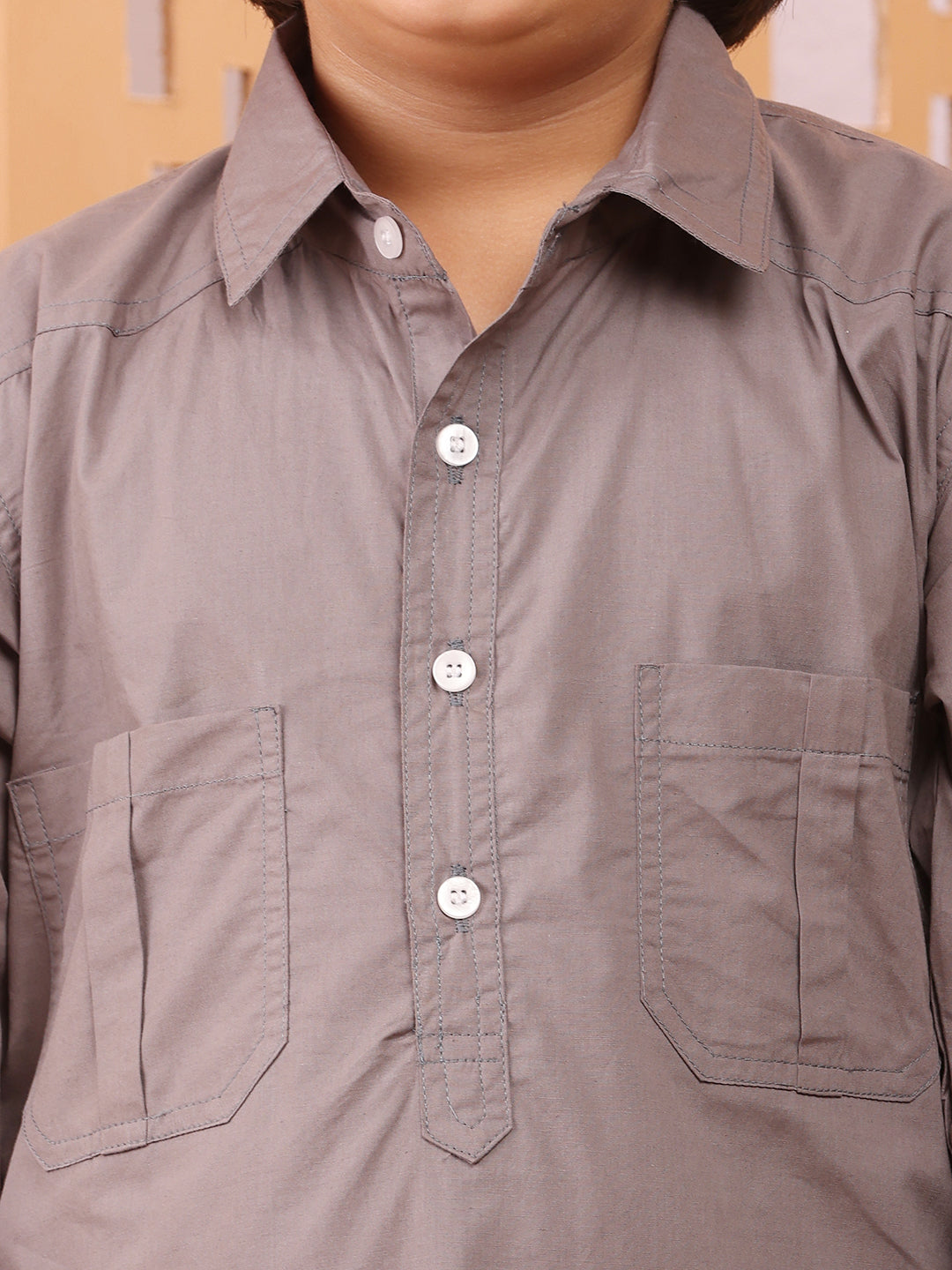 Nabia Grey solid Kids Boys Shirt Collar Pathani Kurta Pajama Set