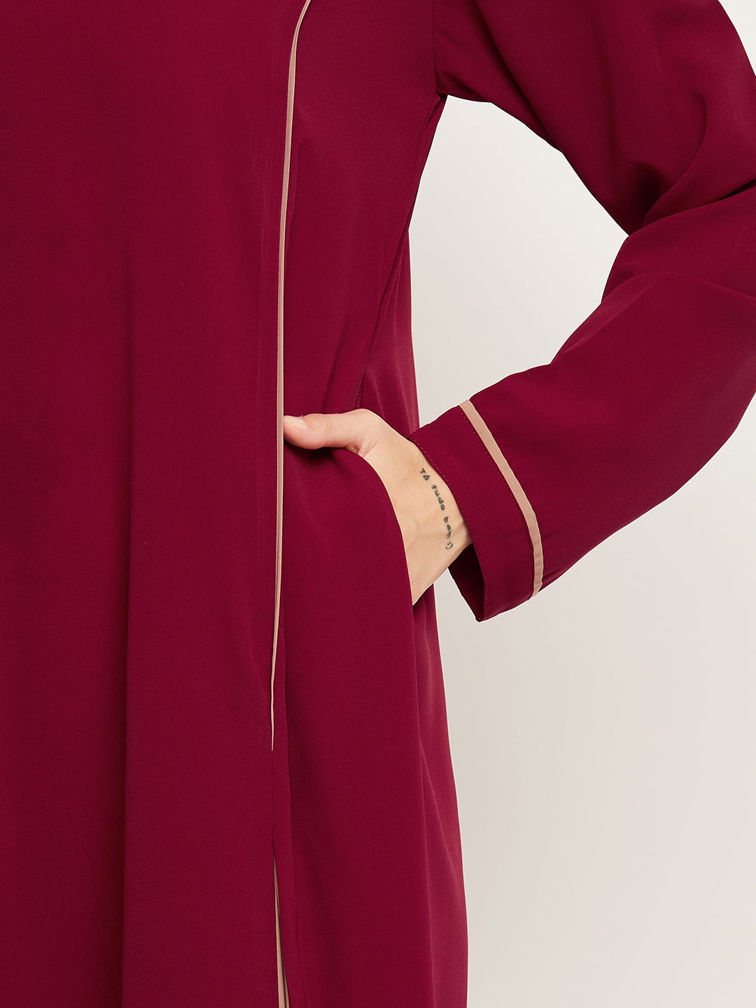Nabia Women Solid Maroon and Beige Abaya Burqa with Georgette Scarf