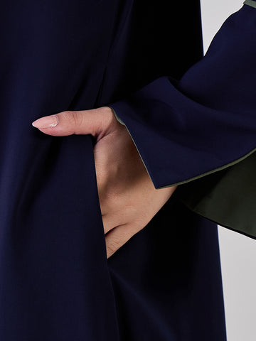 Nabia Women Front Open Embroidery Detailing Blue Abaya Burqa With Black Georgette Hijab