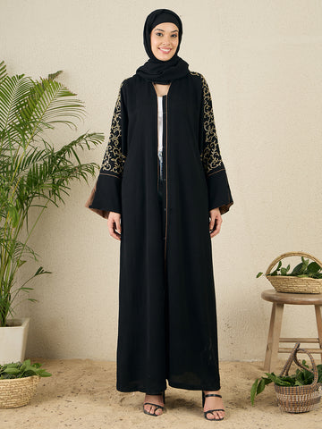 Front Open Black Embroidered Abaya with black hijab