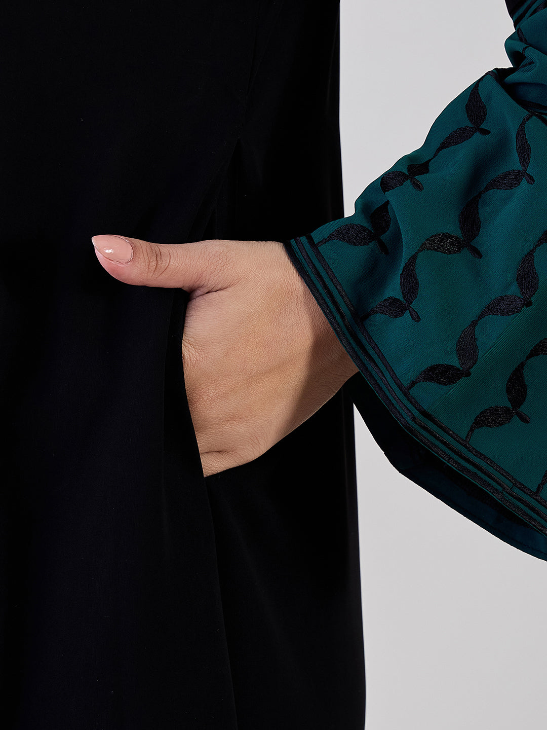 Nabia Kefiyyeh Embroidery Black Front Open Abaya with Black Georgette Hijab