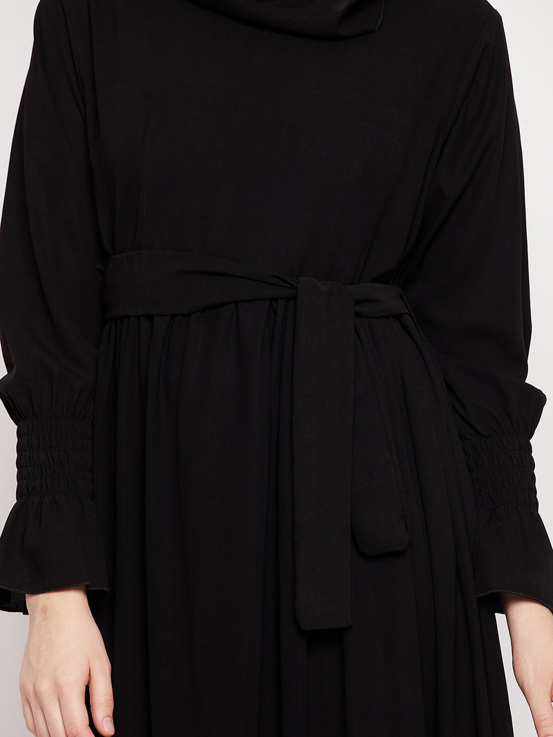 Nabia Women Black Frill Nida Matte Fabric Abaya Burqa With Black Georgette Scarf