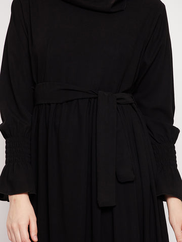 Nabia Women Black Frill Nida Matte Fabric Abaya Burqa With Black Georgette Scarf