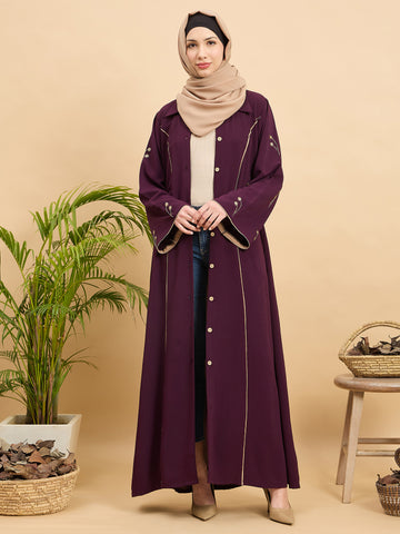 Modest Luxury Front Open Purple Abaya with Beige Hijab for Women