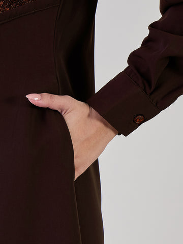 Nabia Women Embroidered Brown Abaya Burqa With Black Georgette Hijab
