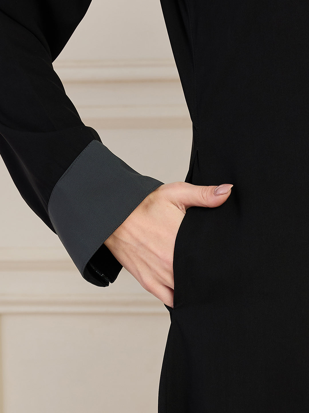 Nabia Black Front-Open Abaya with Black Georgette Hijab