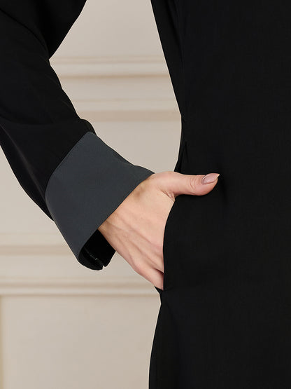 Nabia Black Front-Open Abaya with Black Georgette Hijab