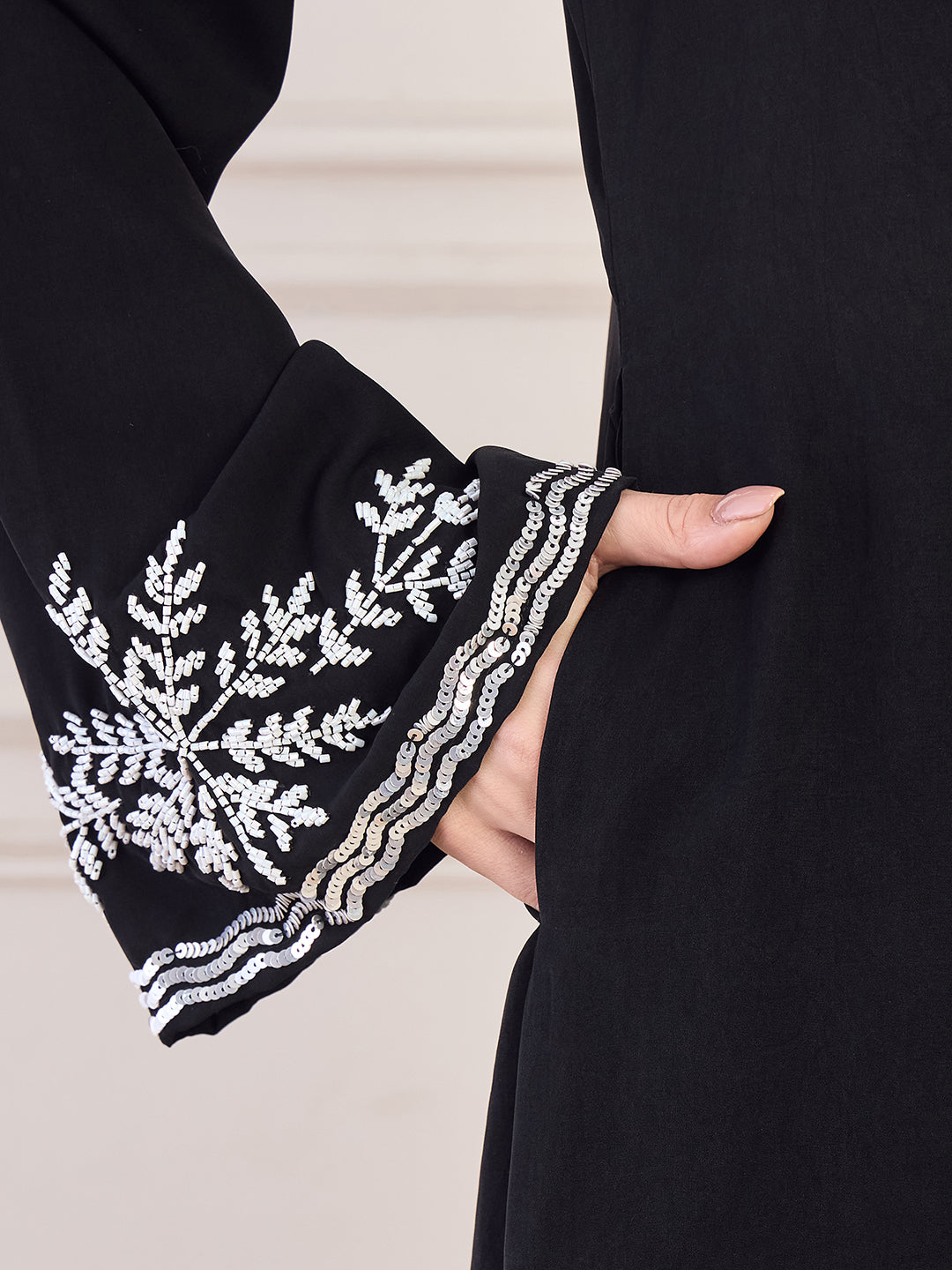 Nabia Black Handwork  Front Open Abaya for Women with Black Hijab
