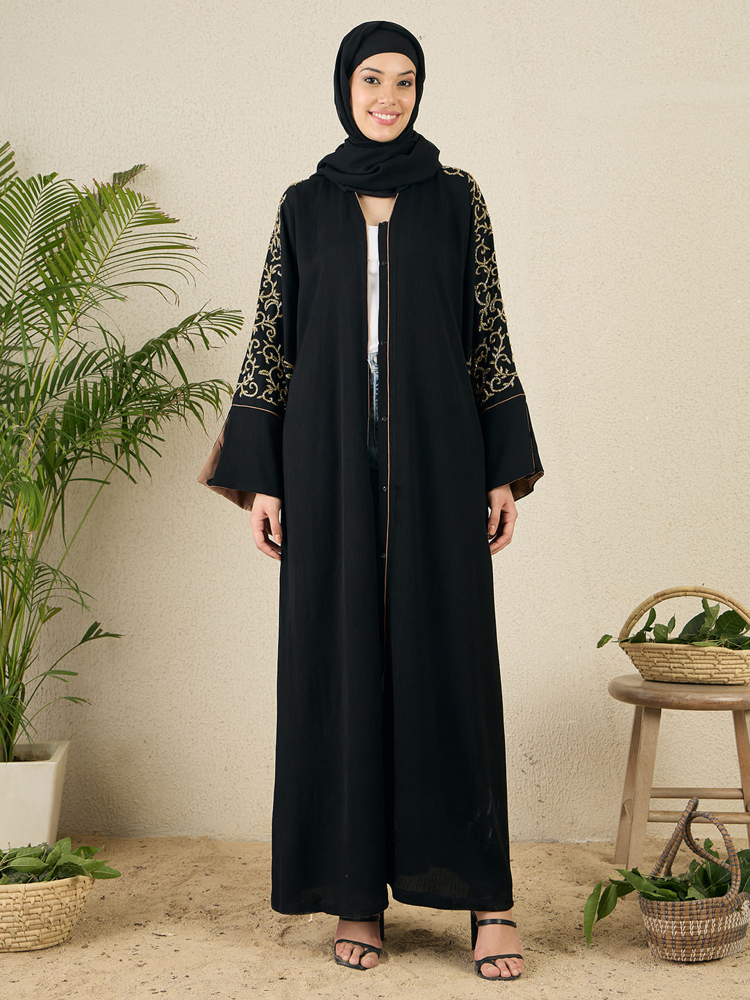 Front Open Black Embroidered Abaya with black hijab