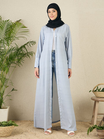 Front Open Blue Printed Abaya with Black Georgette Scarf