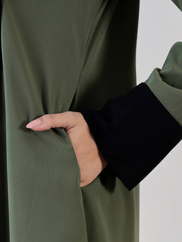 Nabia Women Jade Green Solid Front Open Abaya Burqa With Black Georgette Hijab