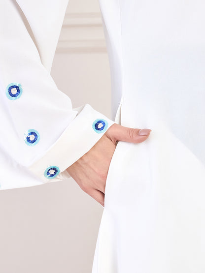Nabia White Handwork Front Open Abaya with Matching Hijab