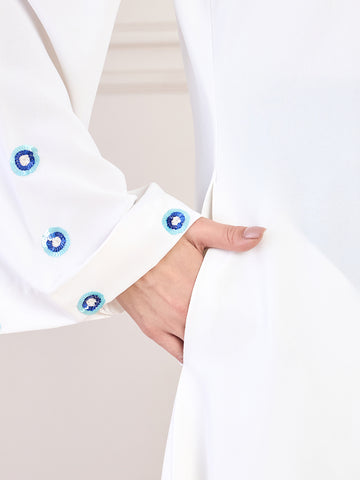 Nabia White Solid Hand Work Detailing Luxury Front Open Abaya Burqa For Women With Matching Hijab