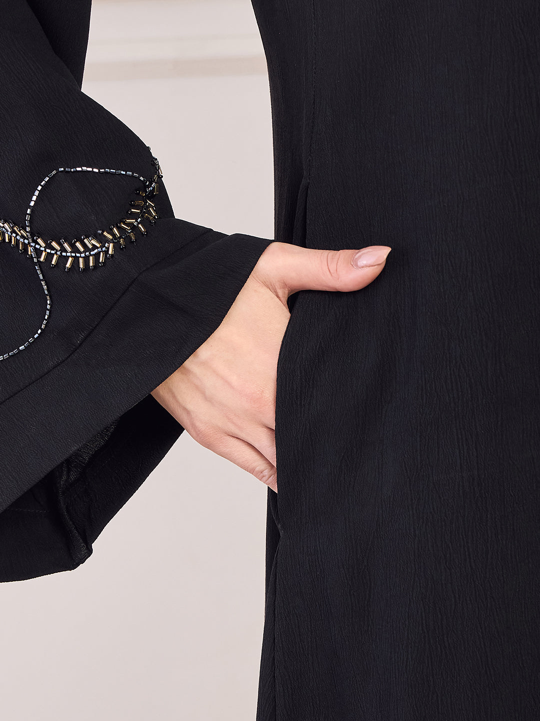 Nabia Black Solid Luxury Abaya Burqa Handwork Detailing & Bell Sleeves for Women with Black Hijab