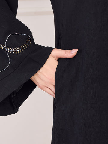 Nabia Black Solid Luxury Abaya Burqa Handwork Detailing & Bell Sleeves for Women with Black Hijab