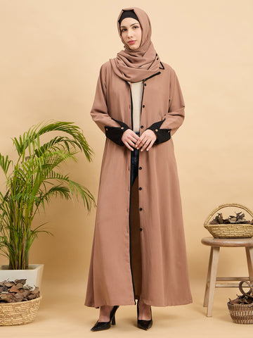 Modest Beige Front Open Coat Abaya with Matching Hijab