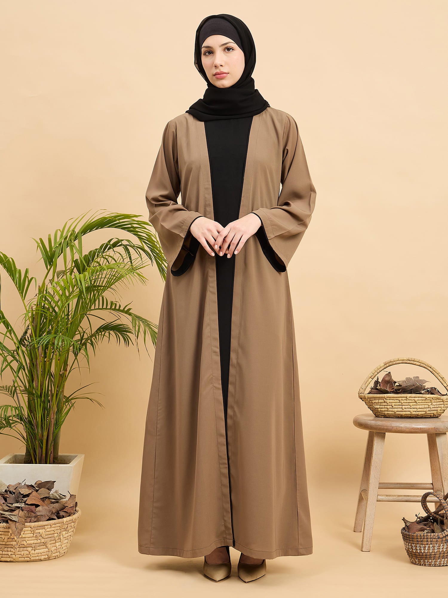 2 Piece Shrug Abaya Set with Black Hijab For Women