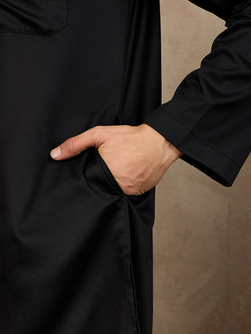 Nabia Black Solid White Piping Details Mandarin Collar Cotton Kurta For Men