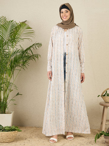 Striped Printed Front Open Abaya with Black Georgette Scarf