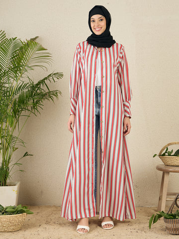Front Open Striped Printed Abaya with Black Georgette Scarf