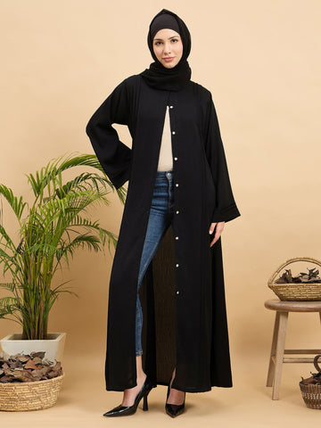 Black Solid Modest Front Open Abaya Burqa with Black Georgette Hijab