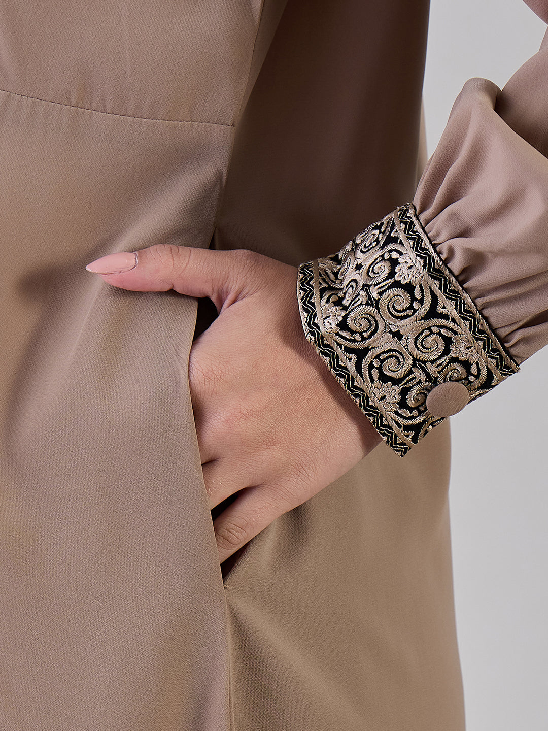 Nabia Embroidery Beige Abaya with Black Georgette Hijab