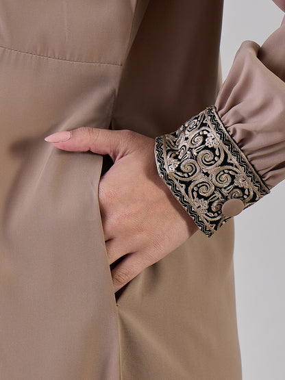Nabia Embroidery Beige Abaya with Black Georgette Hijab