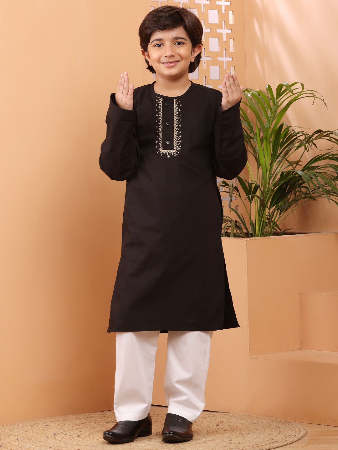 Nabia Black Embroidery Detailing Kids Boy's Kurta Pajama Set