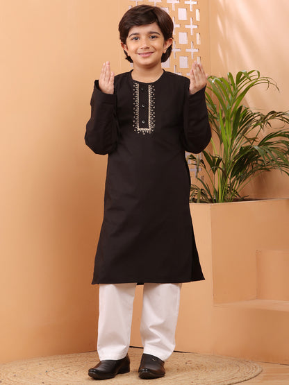 Nabia Black Embroidery Detailing Kids Boy's Kurta Pajama Set