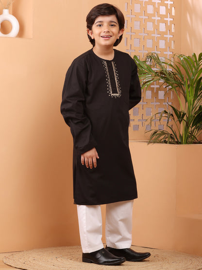 Nabia Black Embroidery Detailing Kids Boy's Kurta Pajama Set