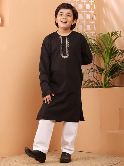 Nabia Black Embroidery Detailing Kids Boy's Kurta Pajama Set